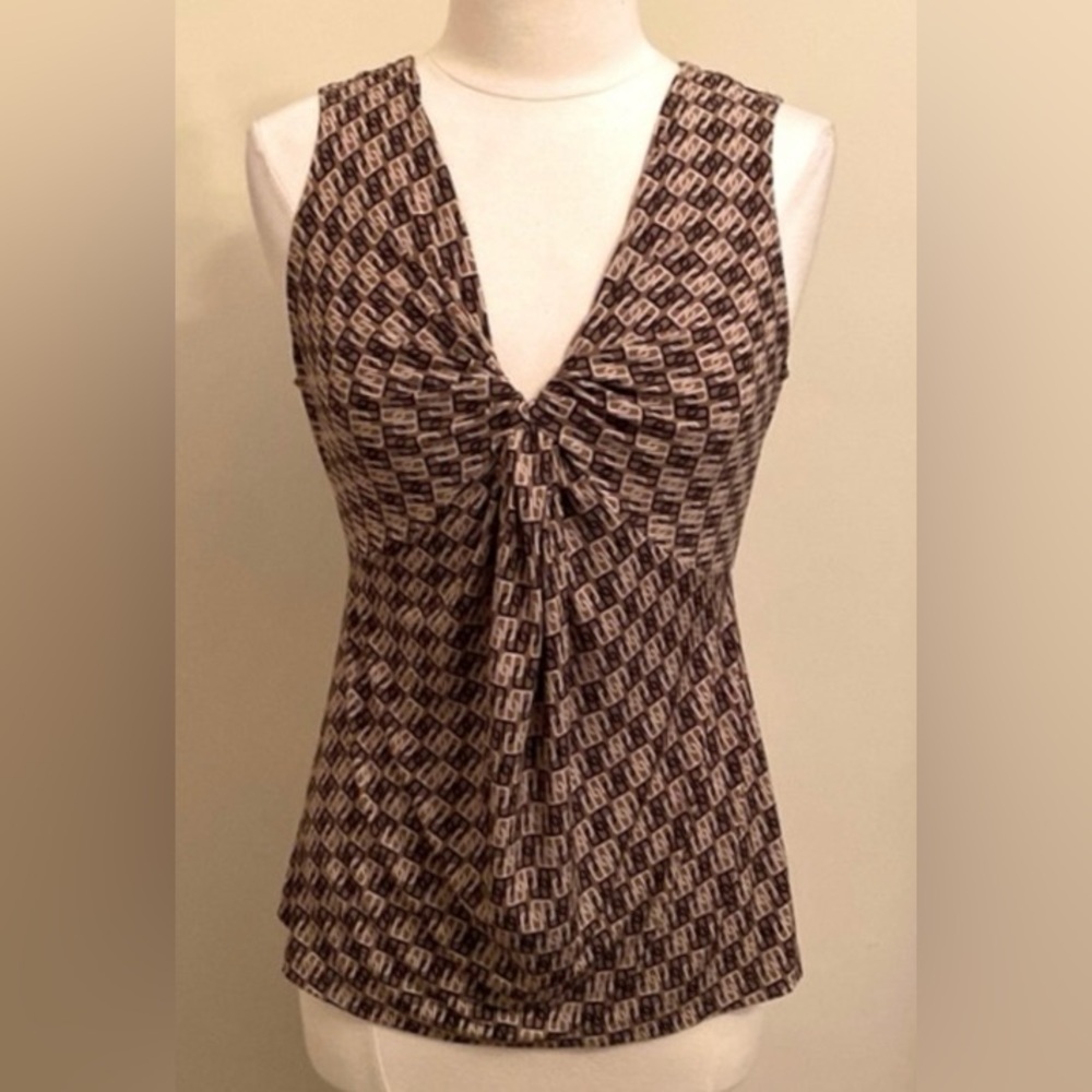 New York & Company Stretch Brown Tan Chain Link SZ M Office Siren Mod Chic Top